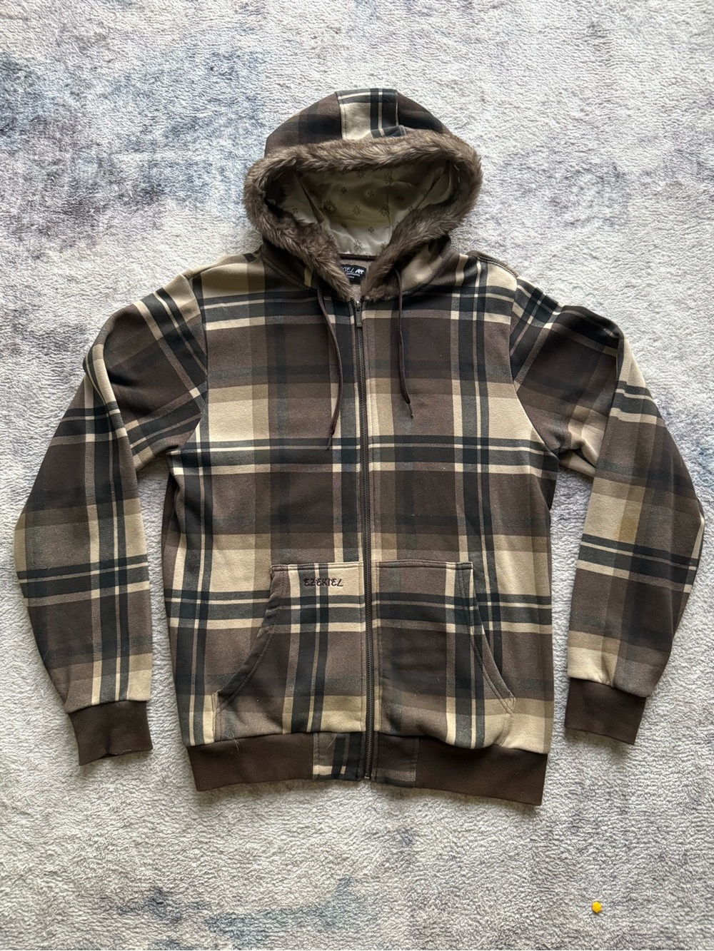 Ezekiel Plaid Fur Trim Hooded Jacket Men’s Large Brown Zip Up Fleece Lined Y2K